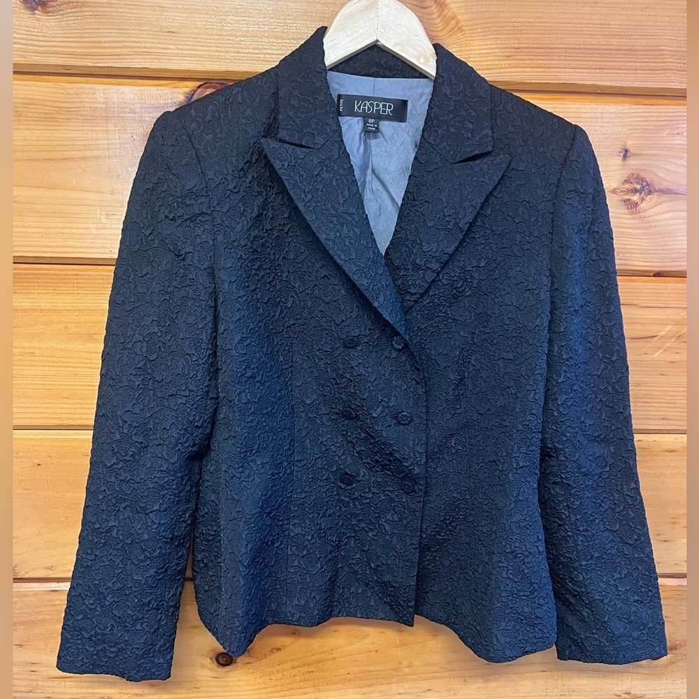 KASPER Crinkle Textured Double Breast Long Sleeve Black 8P Blazer Lined Jacket